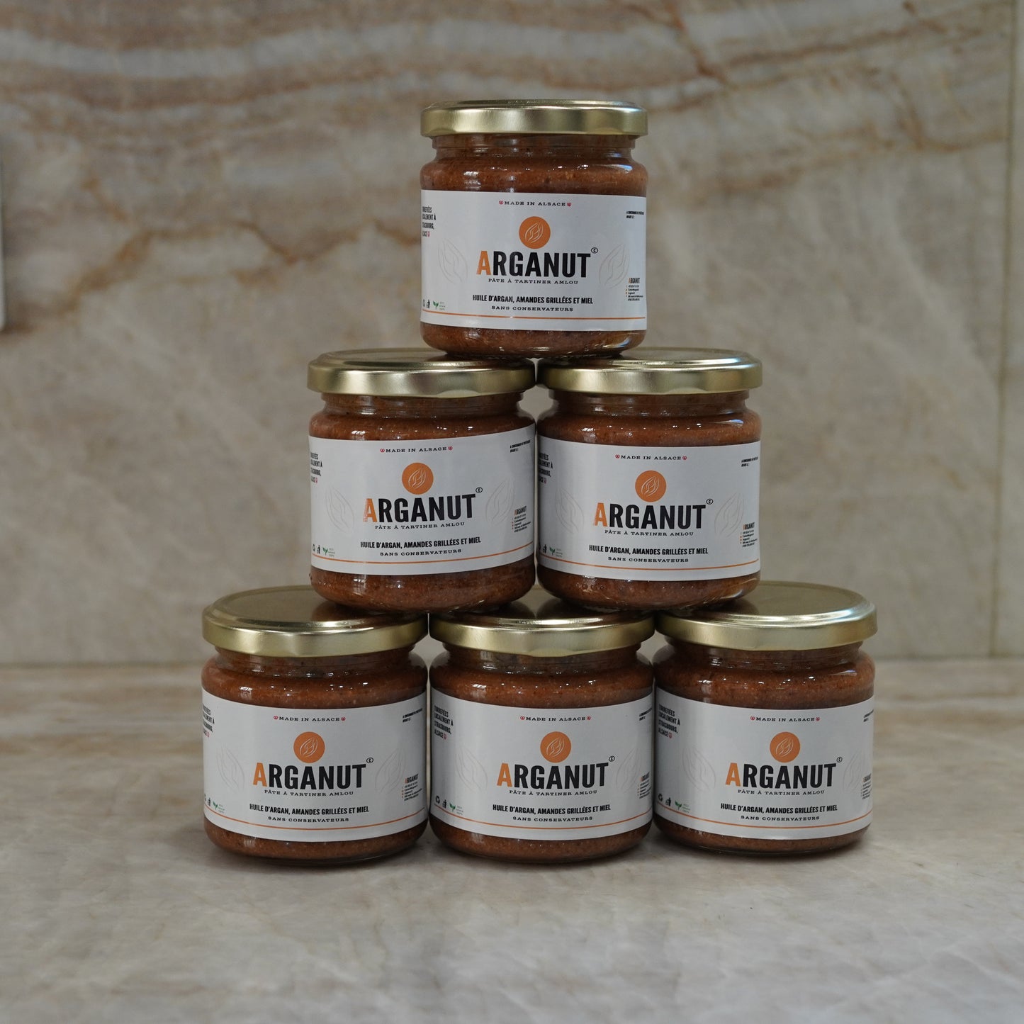 Amlou : 6 pots d'Amlou (pâte à tartiner) aux amandes grillées, miel naturel et huile d’argan (200g)